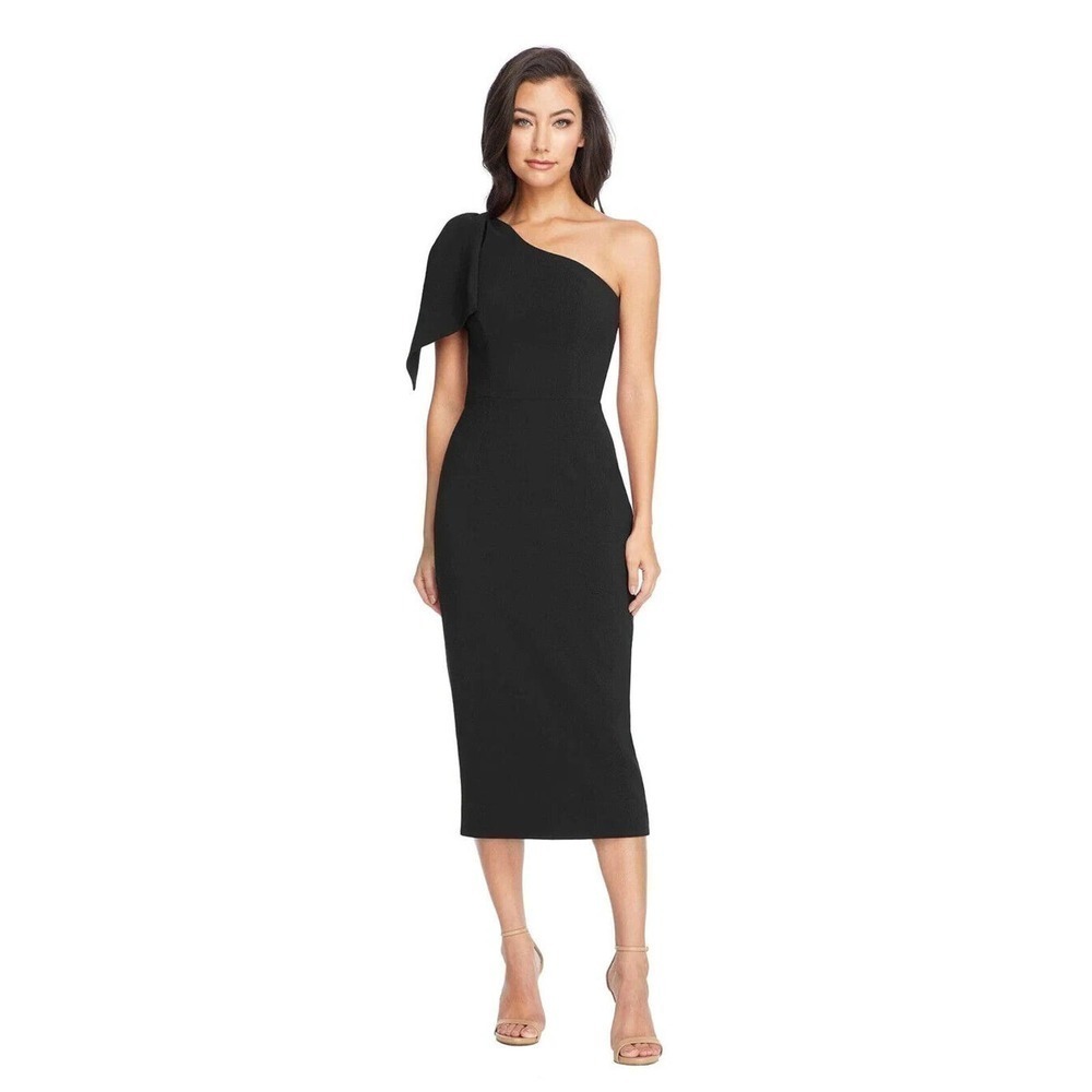 NEW Dress the Population Tiffany Midi Dress One Shoulder Bow Women Black L